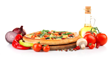 Delicious pizza with vegetables, isolated on white