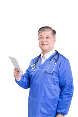 asian old man doctor in blue uniform with tablet