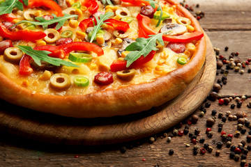 Delicious pizza with vegetables, close-up