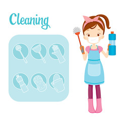 Girl With Toilet Cleaning Equipment And Outline Icons Set, Housework, Appliance, Domestic Tools, Computer Icon, Cleaning, Symbol, Icon Set, Spring Season