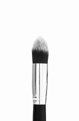 Close-Up Of Black Make-Up Brush With Reflection On Metal Part. Object On White Background.