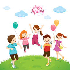 Obraz na płótnie Canvas Happiness Children Relaxing On Lawn, Spring Season, Nature, Children, Animal, Flower