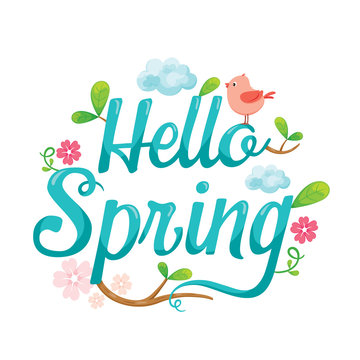 Hello Spring Letter Decorating With Animal, Leaf And Flower, Spring Season, Lettering, Animal, Nature