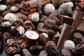 Assortment of tasty chocolate candies close-up
