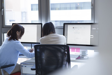 Two business women have to work towards the personal computer