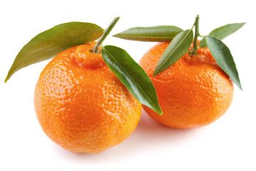 Two ripe clementines with green leaves , white background © arska n