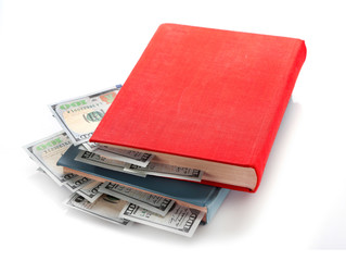 Books with nested dollar banknotes, isolated on white. Stash of money