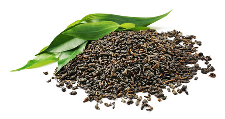 Pile of dry tea with green leaves, isolated on white