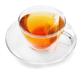 Glass cup of tea isolated on white background