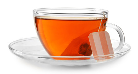 Glass cup of tea isolated on white background