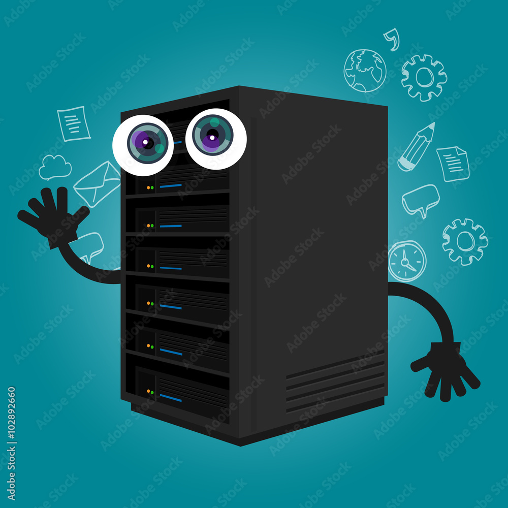 Poster server computer component database big data storage cartoon eyes mascot cute funny smile tech object