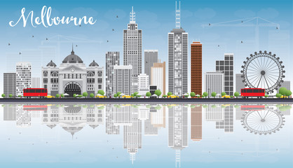 Naklejka premium Melbourne Skyline with Gray Buildings, Blue Sky and Reflections.
