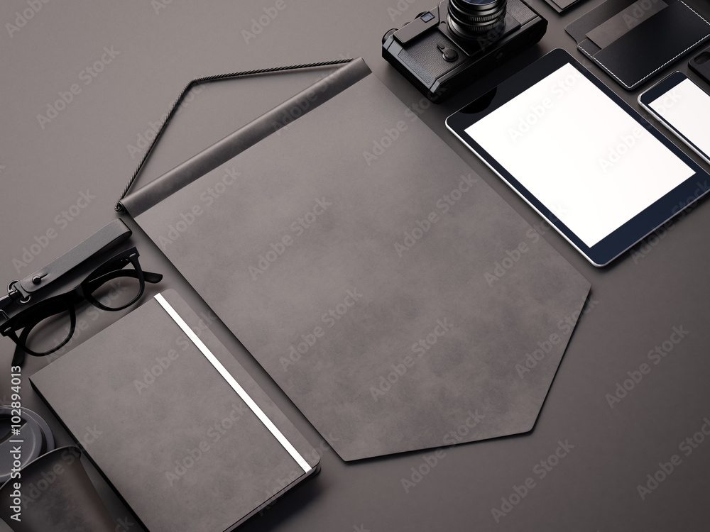 Aufkleber set of generic design elements on the black background. 3d render