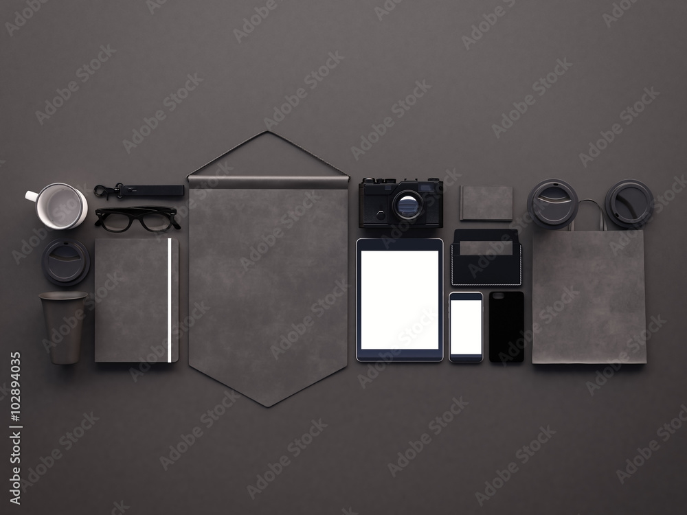 Aufkleber set of generic design office elements on the black background. top view. 3d render