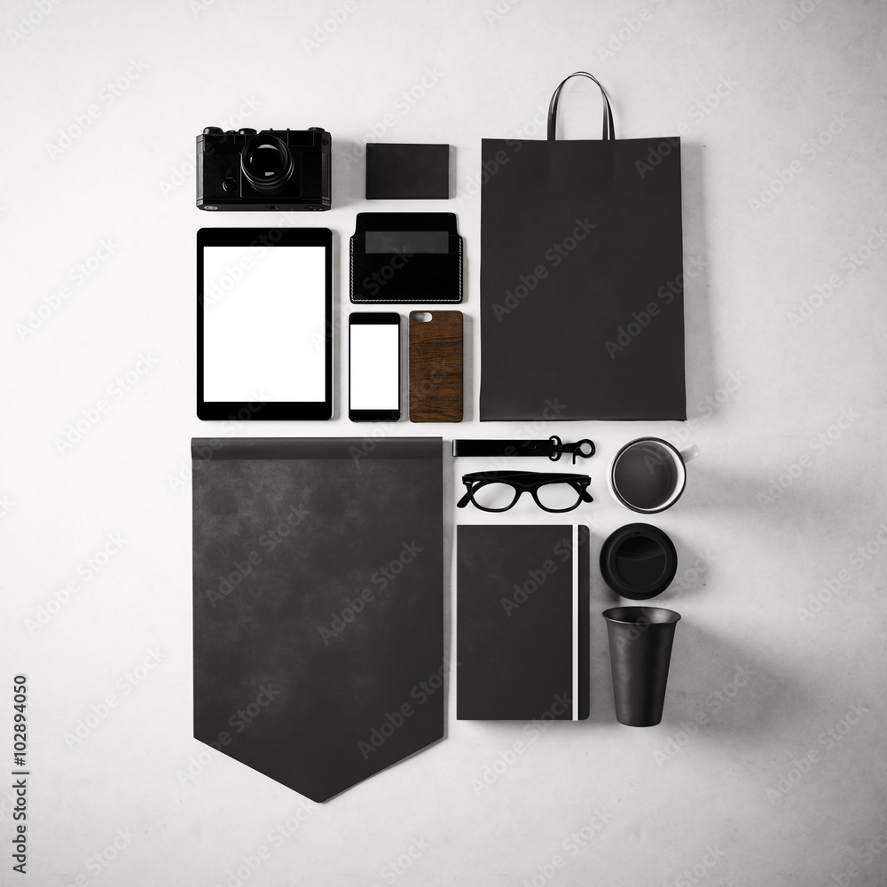 Poster set of generic design office elements on the white background. square, top view. 3d render