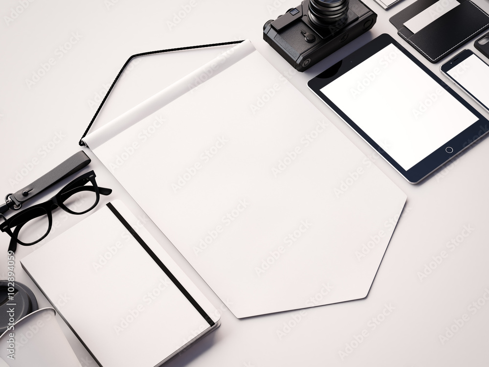 Aufkleber set of blank generic design office elements on the white background. 3d render