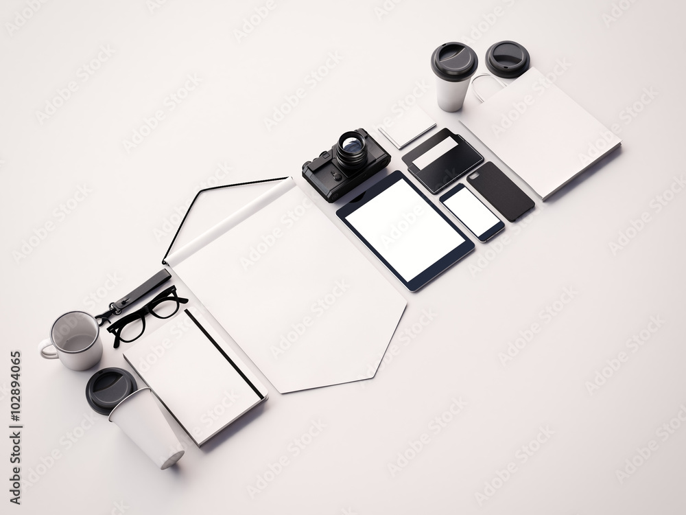 Aufkleber set of blank generic design office elements on the white background. horizontal. 3d render