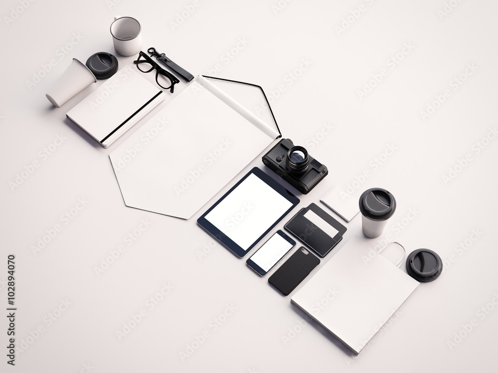 Aufkleber set of clean generic design office elements on the white background. horizontal. 3d render