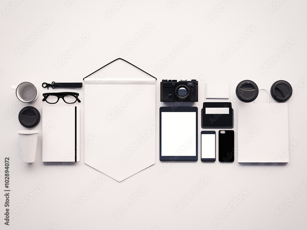Poster set of clean generic design office elements on the white background. horizontal, top view. 3d render