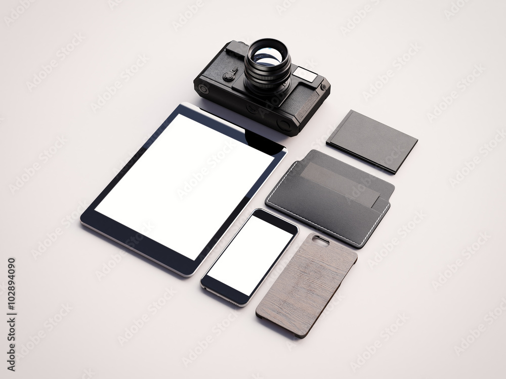 Aufkleber closeup of generic design office elements on the white background. branding objects. 3d render