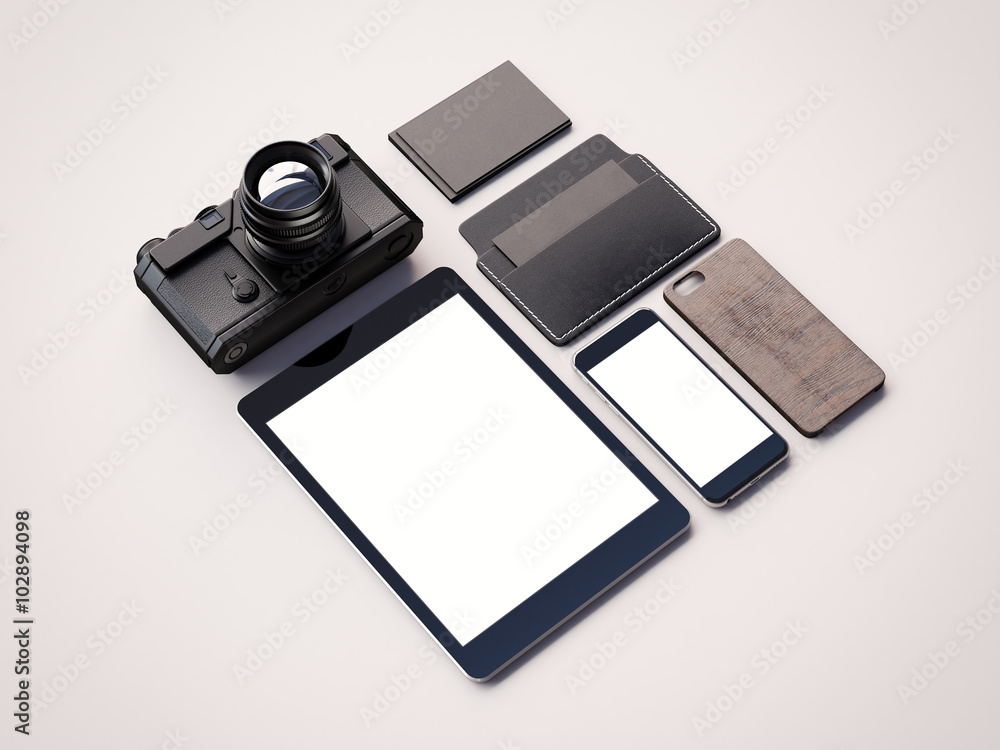 Aufkleber photo of generic design elements on the white background. branding objects. 3d render