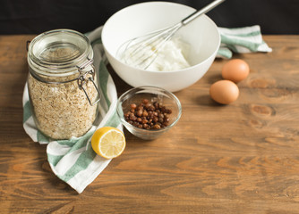 Ingredients for dietary cake, oatmeal, cottage cheese, eggs and