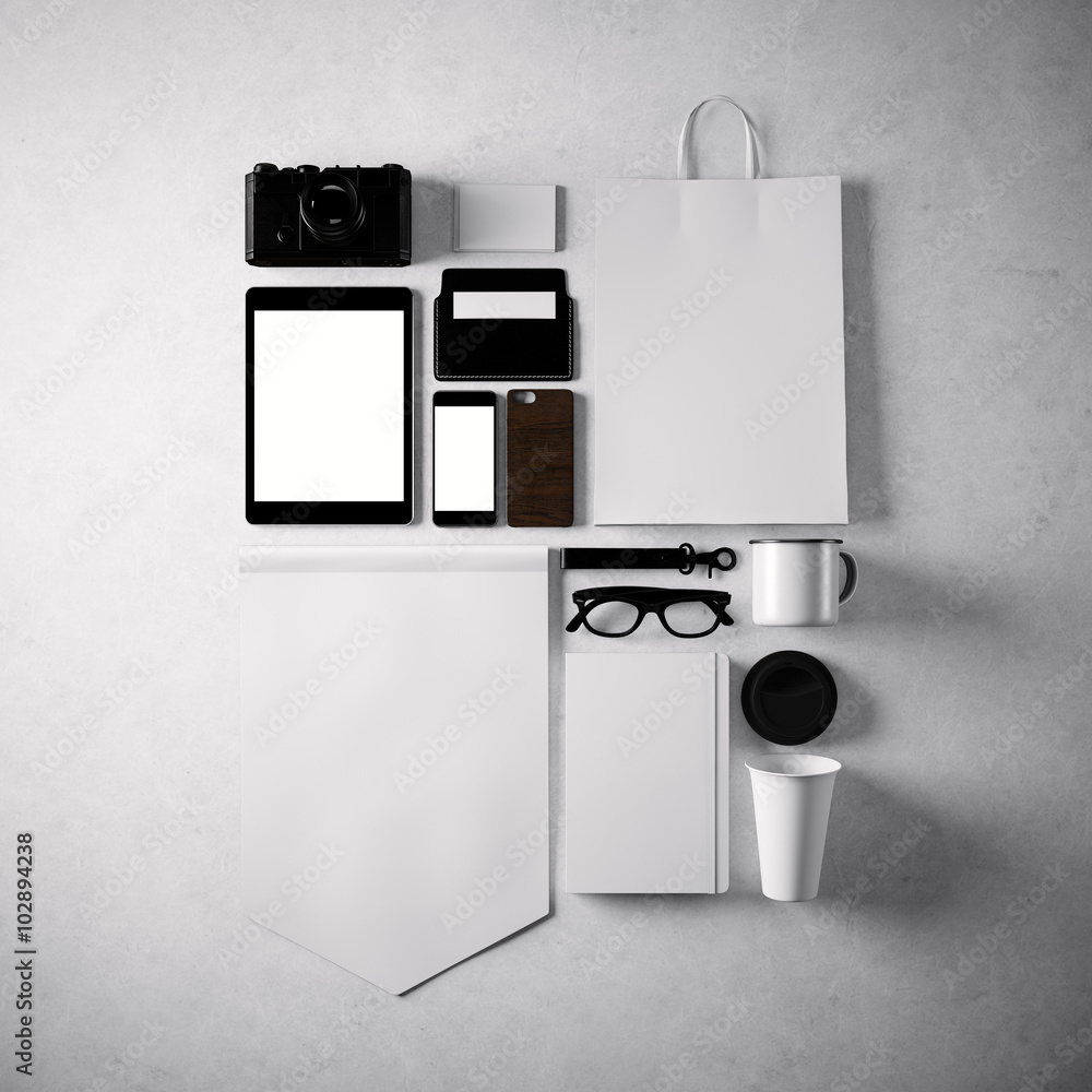 Poster set of blank generic design office objects on the concrete wall background. square, top view. 3d ren
