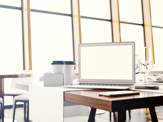 Set of generic design laptop, businesscards, smartphone and blank coffe cups on the table in modern cafe interior. 3d render