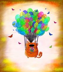 Naklejki  Kot z kwiatami lecący na kolorowych balonach