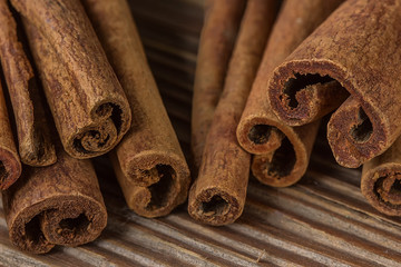 Bunch of cinnamon sticks. selective focus