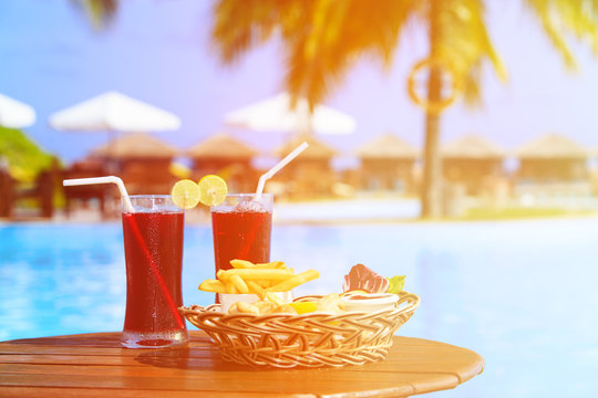 Food And Juice On Tropical Beach