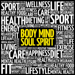 Body Mind Soul Spirit word cloud background, health concept