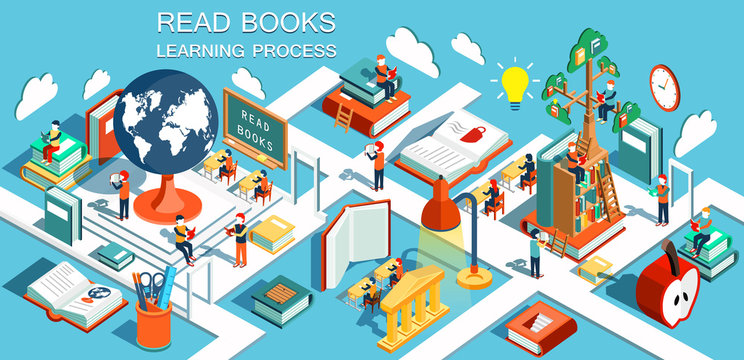The process of education, the concept of learning and reading books in the library and in the classroom. Online education Isometric flat design. Vector illustration
