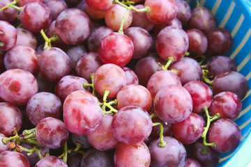 Red grape berries in blue basket on straw tray closeup