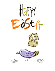 Happy Easter card design, calligraphic text, lettering. Hand drawn stylized flowers and butterflies on white background.