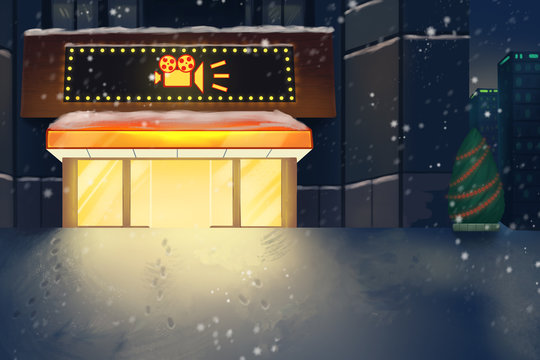 Creative Illustration and Innovative Art: In front of the Cinema! Realistic Fantastic Cartoon Style Artwork Scene, Wallpaper, Story Background, Card Design
