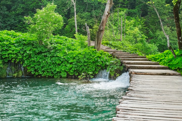 Wooden path in National park Plitvice lakes, Croatia.