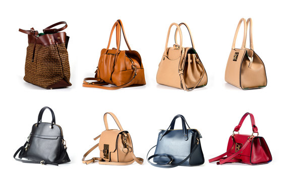 group of leather women handbags isolated on white background