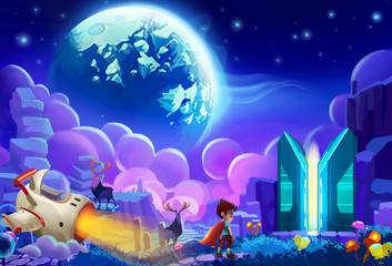 Fototapeta na wymiar Illustration: The kid try to hack a planet's Core Energy System and steal energy for his home planet which is falling apart. Realistic Cartoon Style. Sci-Fi Scene / Wallpaper / Background Design.