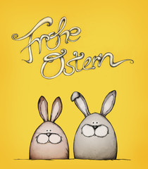Frohe Ostern mit zwei Osterhasen in Eiform