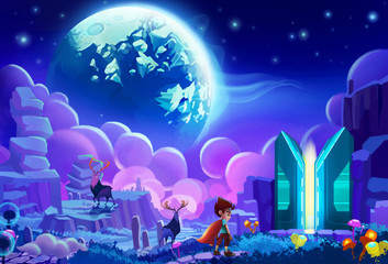 Fototapeta na wymiar Illustration: The kid try to hack a planet's Core Energy System and steal energy for his home planet which is falling apart. Realistic Cartoon Style. Sci-Fi Scene / Wallpaper / Background Design. 