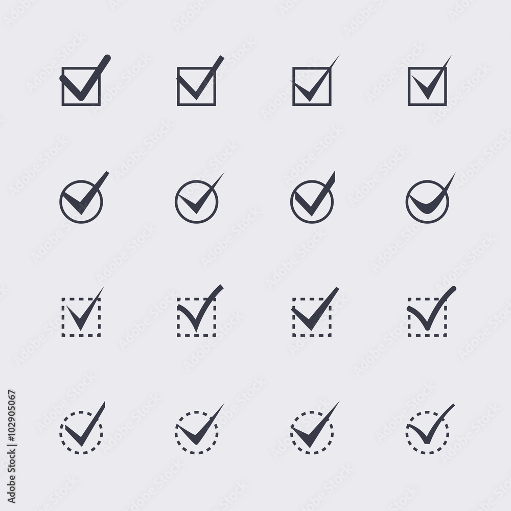 Poster set of nine different grey and white vector check marks or ticks