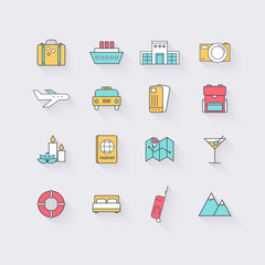 Line icons set in flat design. Elements of Vacation, Travel, Hot