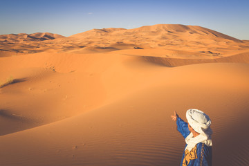 Desert dune at Erg Chebbi near Merzouga in Morocco. - obrazy, fototapety, plakaty