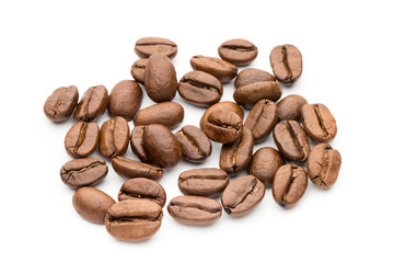 Coffee beans isolated on white background, closeup, macro