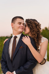 Young wedding couple in the field. Noise and toned image