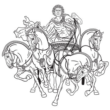 charioteer in a roman quadriga chariot pulled by four horses harnessed abreast . Black and white illustration 