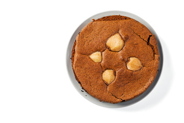 chocolate cake with pears. Isolated on white