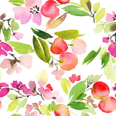 Seamless pattern of cherry watercolor. Handmade. Nature.