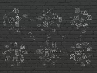 Grunge background: Black Brick wall texture with Painted Hand Drawn Business Icons